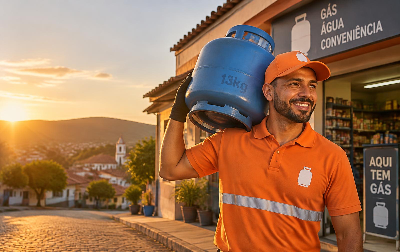 Entregador da TOP GÁS carregando um botijão de gás de 13 kg